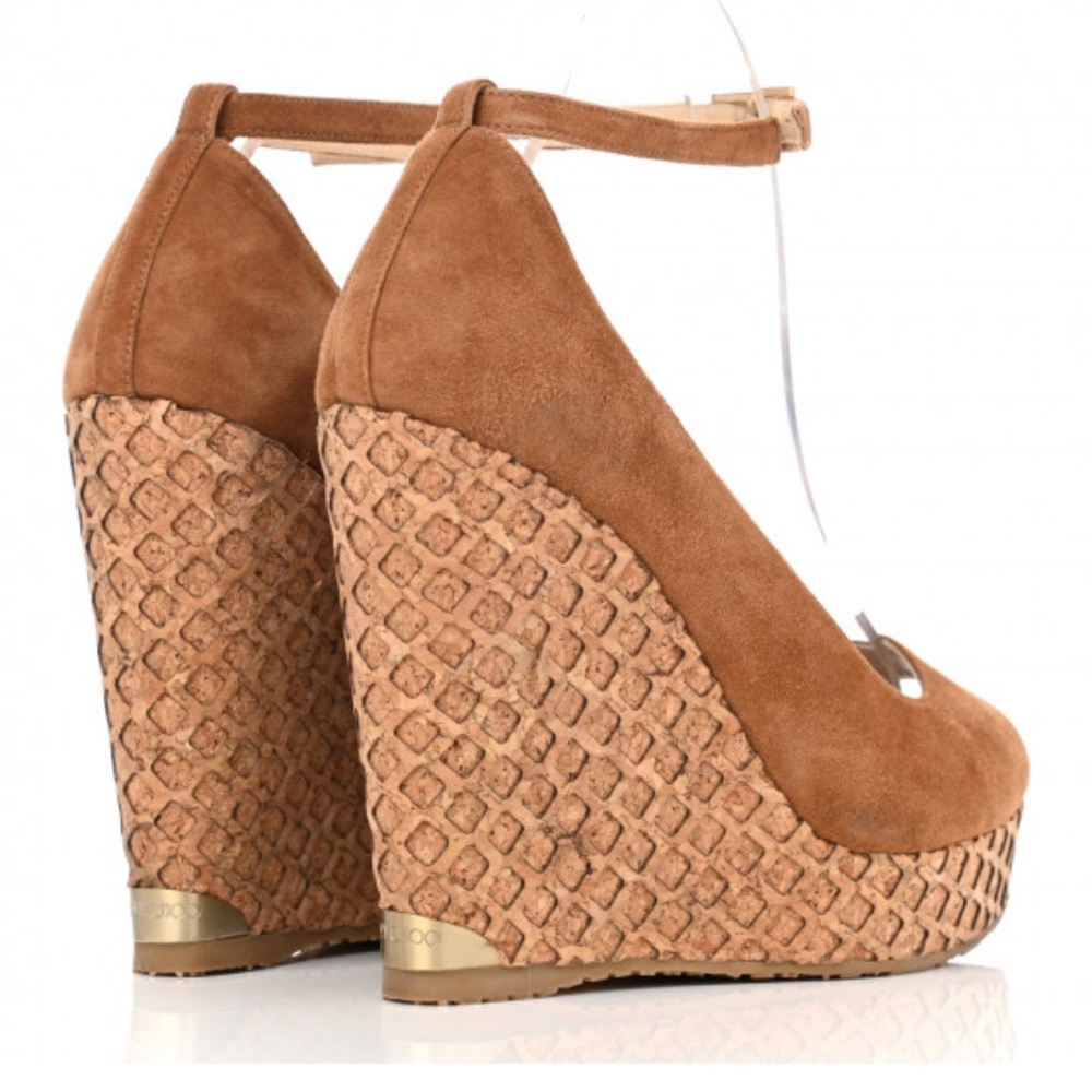 Jimmy Choo Tan Suede Wedge Sandals with Cork Platform - Picture 4 of 7